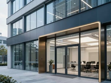 Modern architectural trade office interior with clean lines, glass walls, and structured corporate environment, daylight with cool blue tones