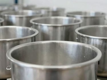 Macro shot of pristine stainless steel mixing vats under bright industrial lighting, cool metallic tones, sharp focus.