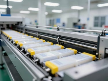 Macro shot of an automated packaging line sealing individual units with precision, safety yellow accents, bright industrial lighting.