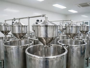 Wide angle of pristine stainless steel vats and automated mixing lines under bright facility lighting, cool metallic tones.
