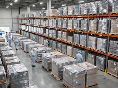 Wide shot of a massive temperature-controlled warehouse, pallets wrapped for distribution, workers in clean-room gear.