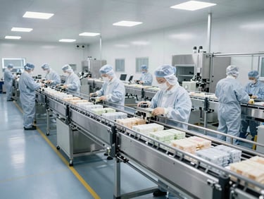 Wide shot of automated packaging lines moving products efficiently, workers in clean-room gear, crisp lighting.