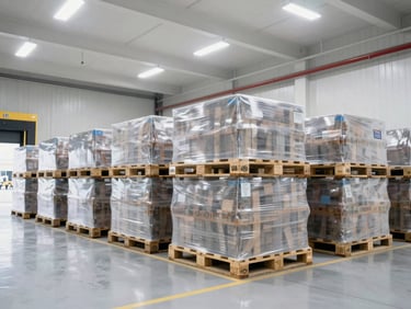 Pallets wrapped for distribution on a loading dock, bright facility lighting, wide angle.