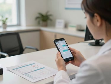 Wide environmental shot of a clinic reception area, a provider at a desk holding a phone showing a chat interface, Wellvox conversation visible on screen, natural window light from the left, charts and administrative materials on desk, documentary framing