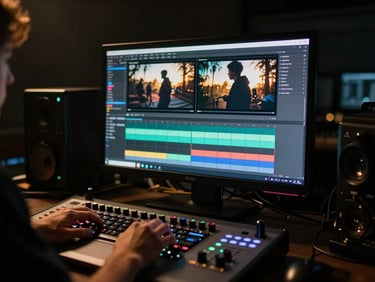 A dimly lit editing bay with a large color-grading monitor glowing with a high-contrast cinematic scene, hands on a control deck.