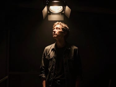 An actor standing under a single harsh overhead spotlight, deep shadows, dramatic cinematic film photography.