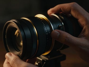 Extreme close-up of hands adjusting the focus ring on a cinema lens, dramatic gold rim light on the metallic gears.