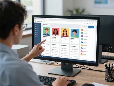 Over-the-shoulder view of a school administrator analyzing a colorful student performance dashboard on a desktop screen, bright natural office lighting with cool blue tones.