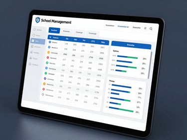 A high-fidelity device mockup of a school management portal dashboard showing student report cards, grade averages, and fee payment status charts on a crisp white screen, cool blue tint.