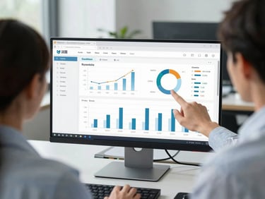 Over-the-shoulder shot of a business administrator analyzing a clean financial dashboard on a desktop monitor, bright cool-tinted daylight, modern office background.