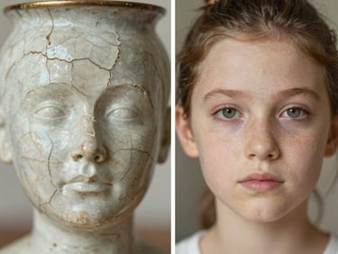 Editorial split-screen photography, left side showing a cracked family heirloom with deep creases, right side showing flawless emulsion repair and restored facial features, soft archival lighting.