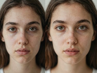 Editorial split-screen photography, left side showing a pixelated, low-resolution digital scan, right side showing a sharp, high-fidelity portrait with clear eye details and natural skin texture.
