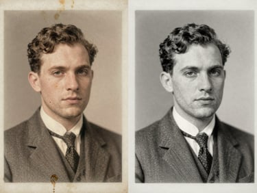 Editorial split-screen photography, left side showing a torn 1920s portrait with severe water stains, right side showing pristine silver halide detail reconstruction, muted museum tones.