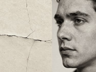Macro shot of a restored 1914 black and white portrait, split screen, showing cracked paper texture on the left and sharp, high-fidelity skin grain on the right, museum lighting.