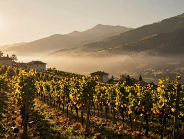 Cinematic wide shot of alpine vineyards in Trento, Italy, misty morning mountains in the background, low-angle golden hour sun, warm editorial photography.