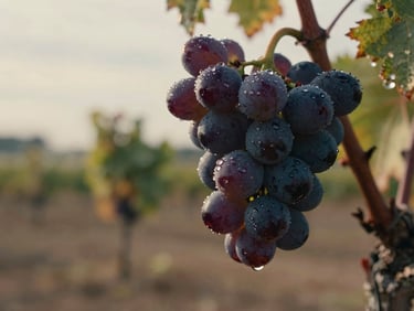 Macro shot of deep Cabernet Sauvignon grape skins on the vine, glistening with morning dew, Bordeaux estate background, soft overcast daylight.