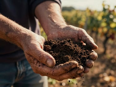 Macro detail of weathered hands holding dark, rich soil in a historic French vineyard, dramatic chiaroscuro lighting