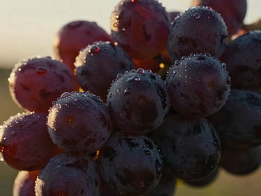 Extreme macro of dark grape skins covered in morning dew, dramatic low-angle golden light, rich wine and earthy tones