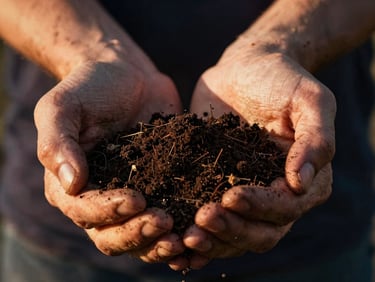 Macro shot of dark, rich soil held in weathered hands under low-angle golden hour light, high contrast chiaroscuro, warm editorial photography