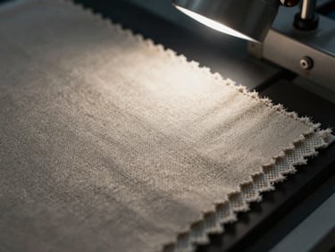 Macro close-up of a fabric sample being tested for tensile strength in a laboratory setting, industrial equipment, high-contrast lighting.