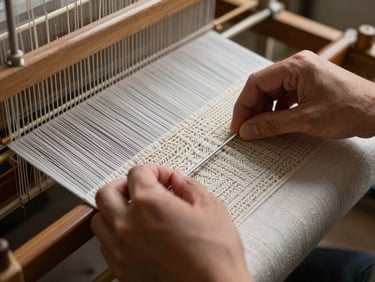 Hands of a textile engineer adjusting threads on a small loom for a custom weave sample, focused lighting on the intricate work.