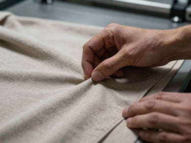 Close-up of hands meticulously inspecting a finished garment on an industrial inspection table, high-contrast side-lighting, emphasizing detail and quality.