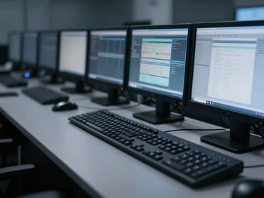 Close-up of secure communication equipment on a clean desk in a modern dispatch center, glowing screens, low-key lighting, cool tones, sharp focus.