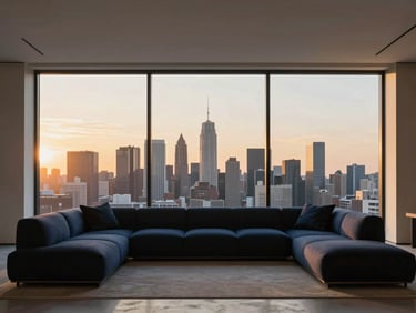 Modern minimalist living room with large windows overlooking a city skyline at golden hour, clean lines, high-end finishes, no people