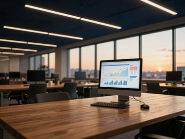 Contemporary office space with large wooden desk, financial charts on a monitor, warm ambient lighting, focus on investment strategy, no people