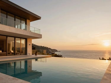 Wide panoramic shot of a coastal luxury villa exterior at golden hour, infinity pool reflecting the warm amber sky, architectural lens, editorial framing