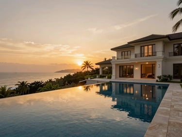Coastal estate exterior at dusk, infinity pool reflecting the golden sky, lush landscaping, architectural elegance, no people
