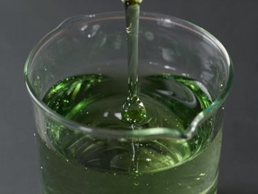 A close-up of dark green liquid chlorophyll being drop-tested in a clear beaker of pure water.
