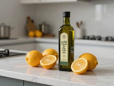 A clean, modern kitchen counter with organic citrus fruits and a bottle of high-quality cold-pressed olive oil.
