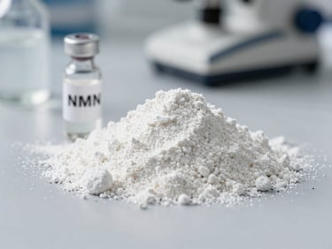 A macro shot of pure white NMN powder next to a small glass vial on a clinical laboratory bench.
