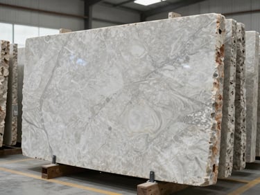 Detail shot of raw premium stone slabs resting in a quiet, high-end showroom yard, natural overcast lighting highlighting the organic veins and textures.
