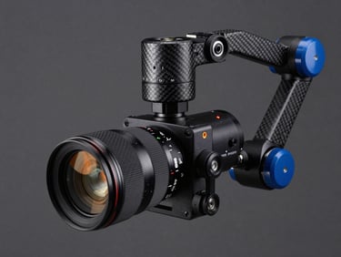 Macro shot of a stabilized dual thermal-optical drone sensor, carbon-fiber gimbal, sharp studio lighting, deep blue accents.