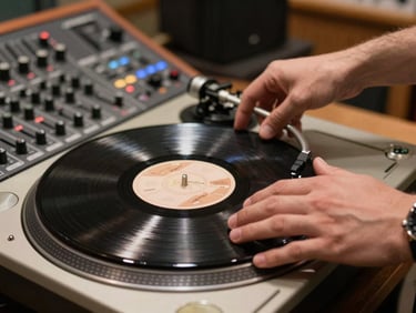 Hands placing a vinyl record on a turntable in a warmly lit radio studio, mixing board in soft focus behind, tactile and immediate
