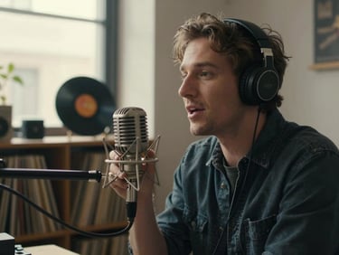 Radio host speaking into a vintage microphone inside a cozy studio, warm window light from the side, vinyl records stacked on a shelf behind, candid in-the-moment
