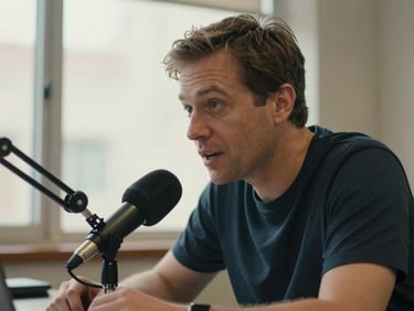 Close-up of a radio host leaning toward a studio microphone, warm daylight from a side window, hands visible on the desk, candid mid-sentence moment