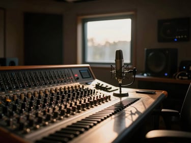 Radio studio at dusk, warm tungsten overhead light casting long shadows across the mixing desk, microphone silhouetted against a small window, intimate and lived-in