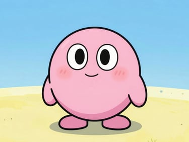 Hand-drawn whimsical illustration of a small, expressive pink character with big eyes, looking hopeful, bold outlines, sky blue background.