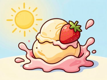 Hand-drawn whimsical illustration of a messy, colorful strawberry ice cream splash with yellow and pink splatters, bold outlines, playful morning sun.