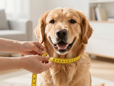 Hands gently holding a soft yellow measuring tape around the chest of a calm, happy golden retriever dog in a bright, sunlit room, focusing on the fabric texture and warm atmosphere