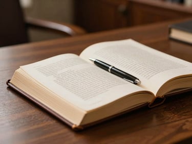 Close detail shot of an open leather-bound legal casebook resting on a wooden desk surface, warm diffused side light illuminating the pages, a single pen placed at rest across the open spine, shallow depth of field, the background dissolving into the soft shadows of a law office interior, no text legible