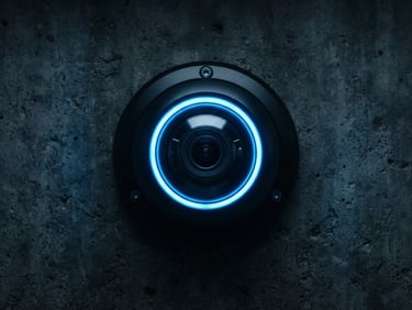 Close-up of a high-end dome security camera with a glowing blue LED ring, mounted on a dark concrete wall, sharp focus, cool studio lighting, 50mm lens.
