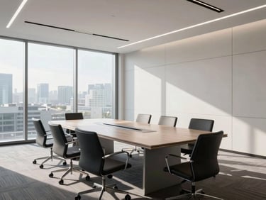 A professional architectural portrait of a modern corporate boardroom with clean lines and structured seating, bright daylight, no people.