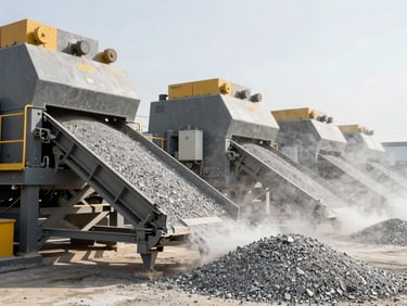 Industrial multi-stage stone crushing machinery in action, conveyors transporting crushed granite under bright dramatic daylight, dust suppression mist visible