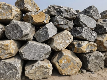 Wide shot of heavy granite boulder stones stacked at the quarry edge under sharp daylight.