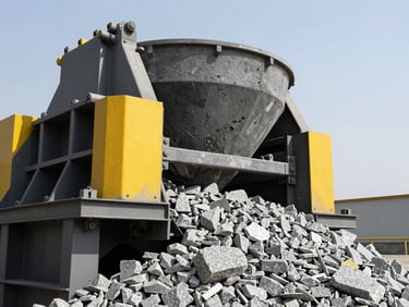 Gritty industrial close-up of a heavy cone crusher machine processing granite stone, sharp yellow accents on the steel frame, high-contrast dramatic daylight