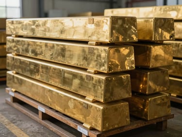 45-degree angle shot of finished brass billets and ingots stacked in a shipment rack under north-facing factory daylight, the warm golden surfaces reflecting ambient light, rack labels and batch tags visible in the foreground